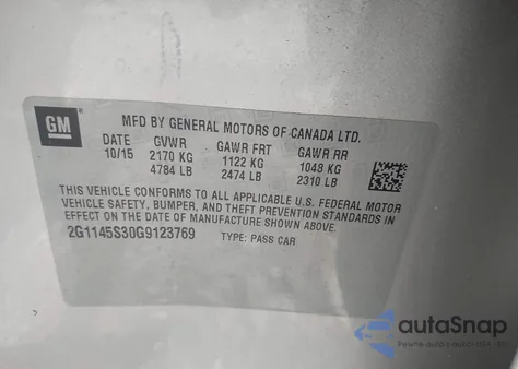 2016 Chevrolet Impala 2Lz из США, поврежденный, VIN 2G1145S30G9123769